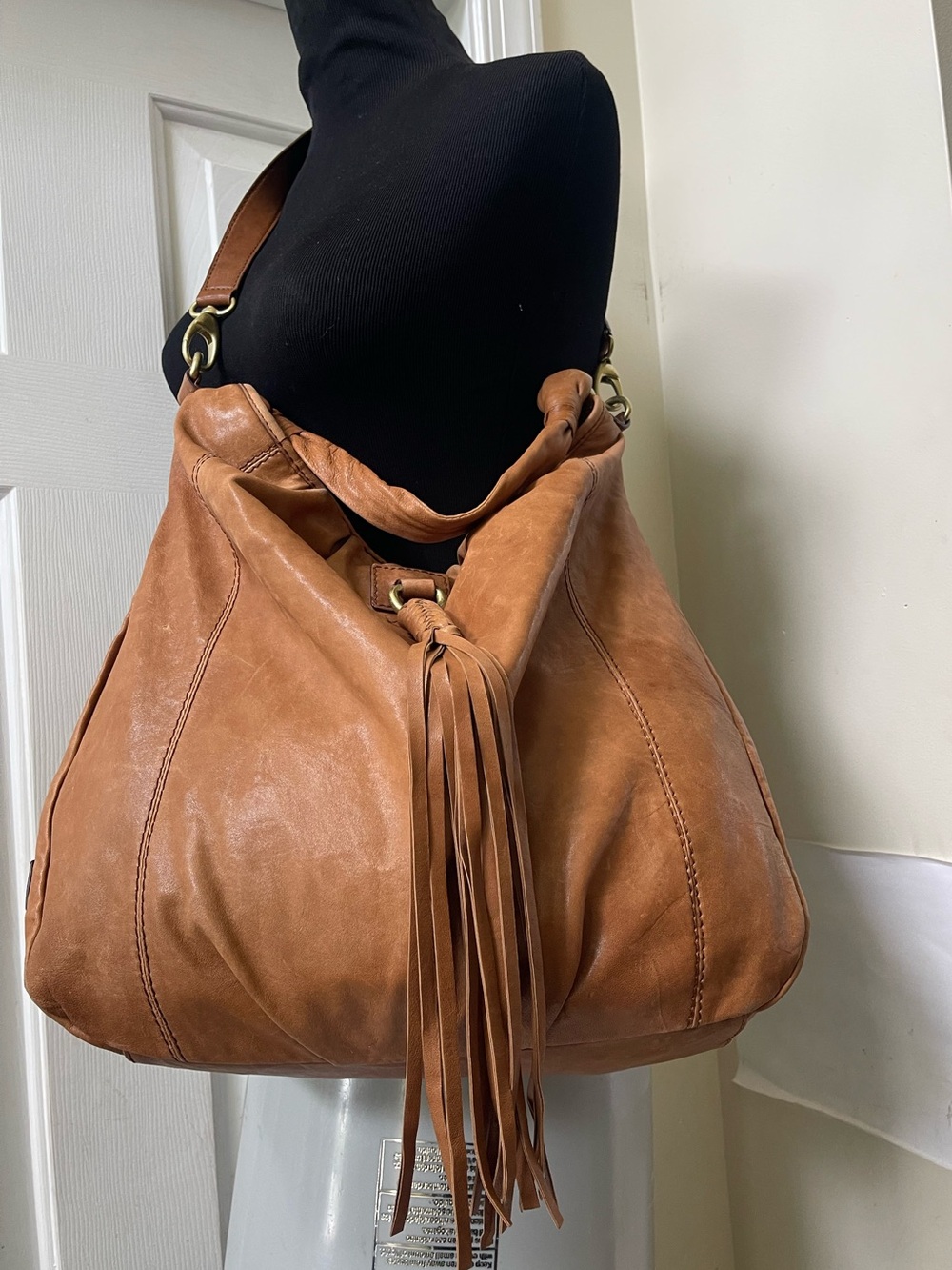 UGG Cognac Leather Tassel Shoulder Hobo Bag